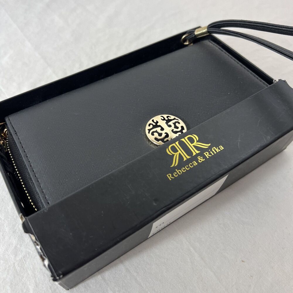 Rebecca & Rifka - Black Leatherette Zipper Wallet With Gold-Tone Accent - NIB